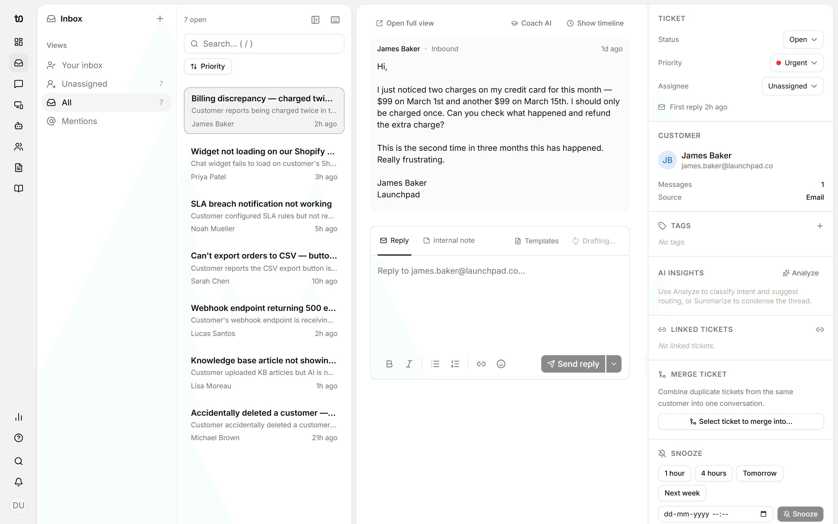 Ticket0 inbox — AI-triaged support tickets with priority, status, and SLA tracking