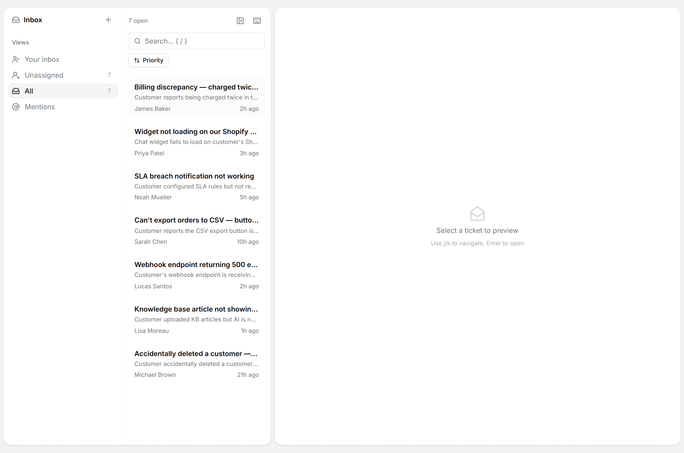 Ticket0 inbox with AI-triaged tickets showing priority and SLA status