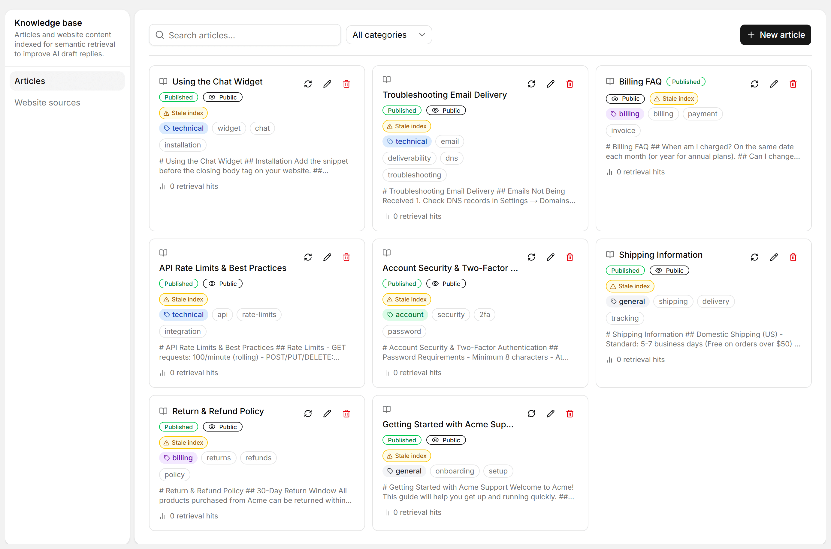 Knowledge base articles powering AI draft responses