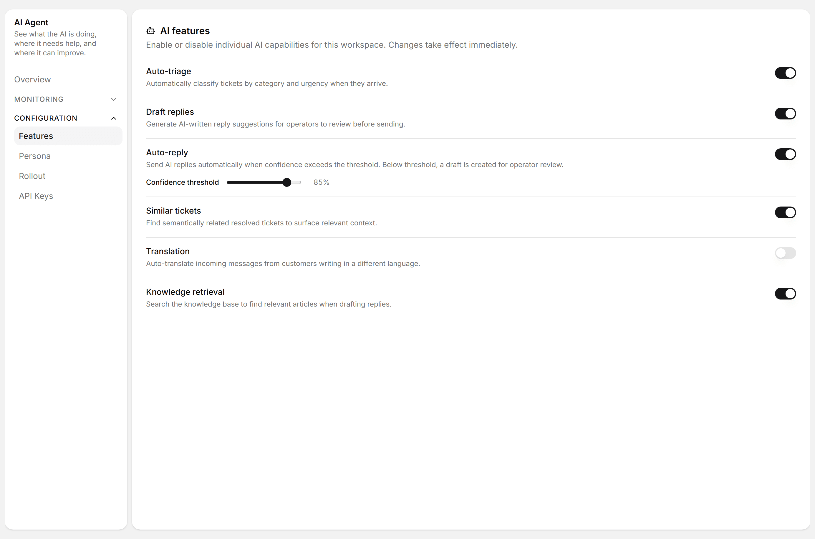 AI persona settings for configuring reply tone and brand voice